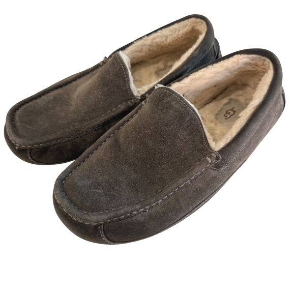 UGG Mens Ascot Suede Moccasin Slippers Brown Shearling Lined Size 9 - Picture 1 of 10